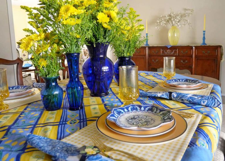 Blue & Yellow Tablescape for Spring with Mixed Patterns