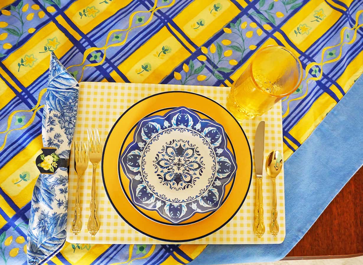 Blue and yellow tablescape for Spring place setting