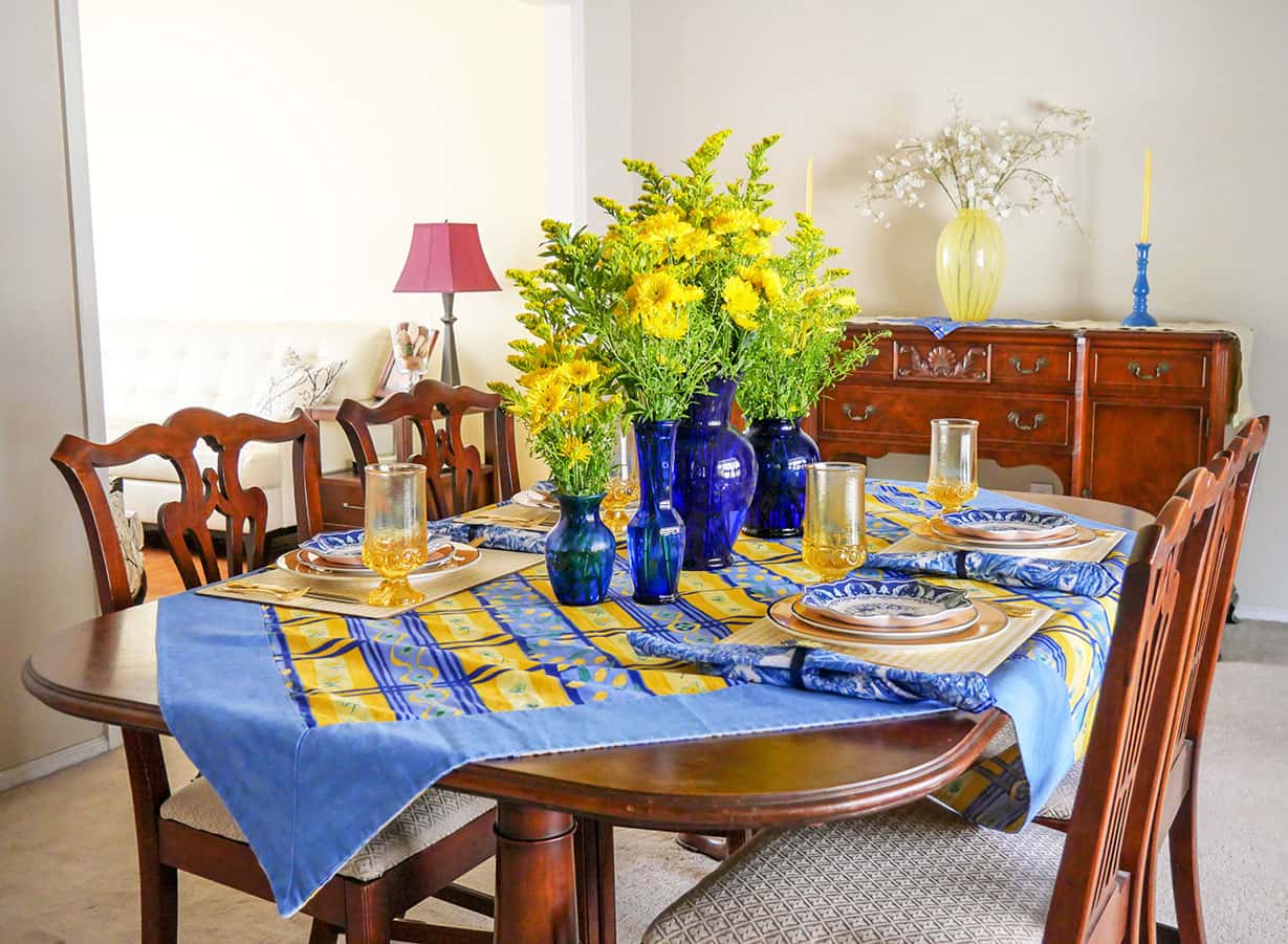 Blue and yellow tablescape for Spring  from a distance