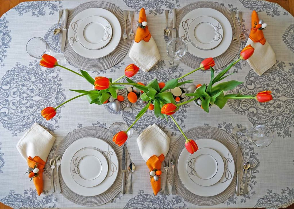 Simple Easter lunch tablescape overhead view