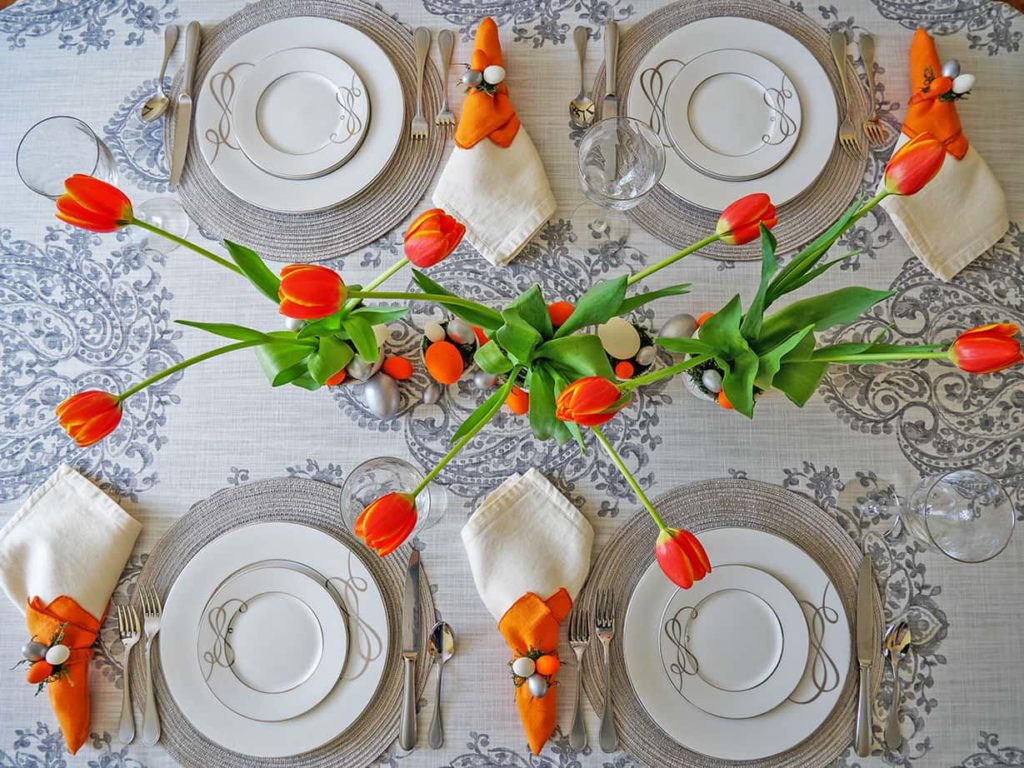 Overhead view of Simple Easter lunch tablescape