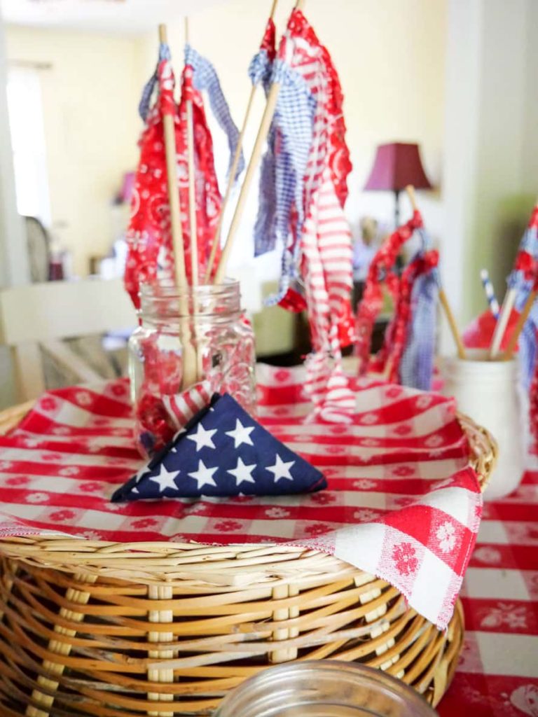 Close up of Memorial Day table setting centerpiece