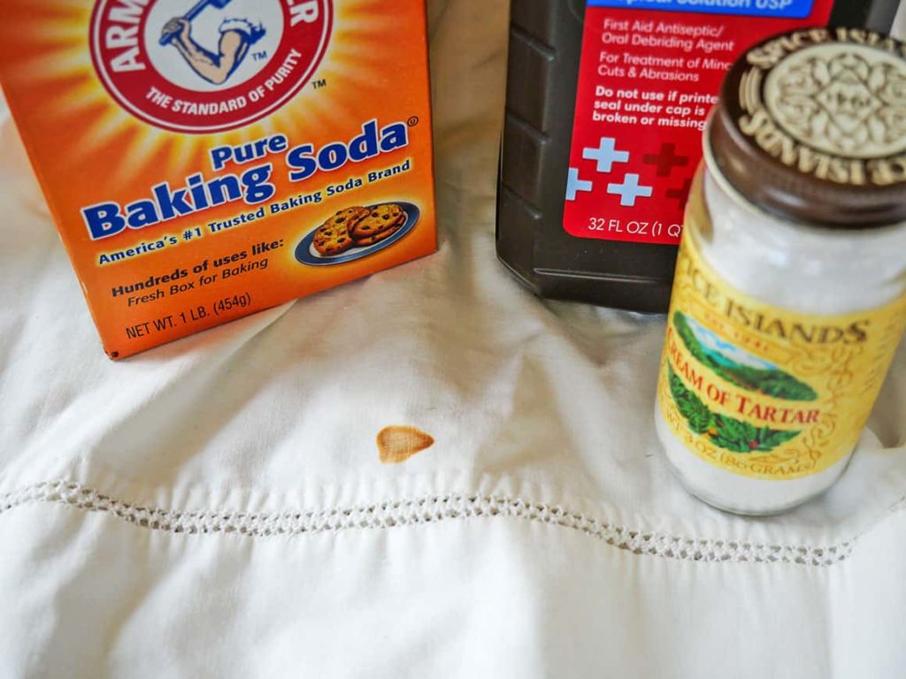 How to remove rust marks from fabric using baking soda, cream of tartar, and hydrogen peroxide