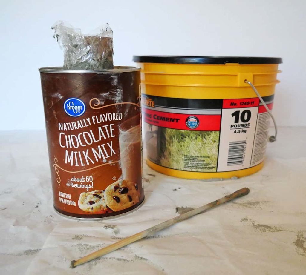 DIY cement vase using chocolate mix container