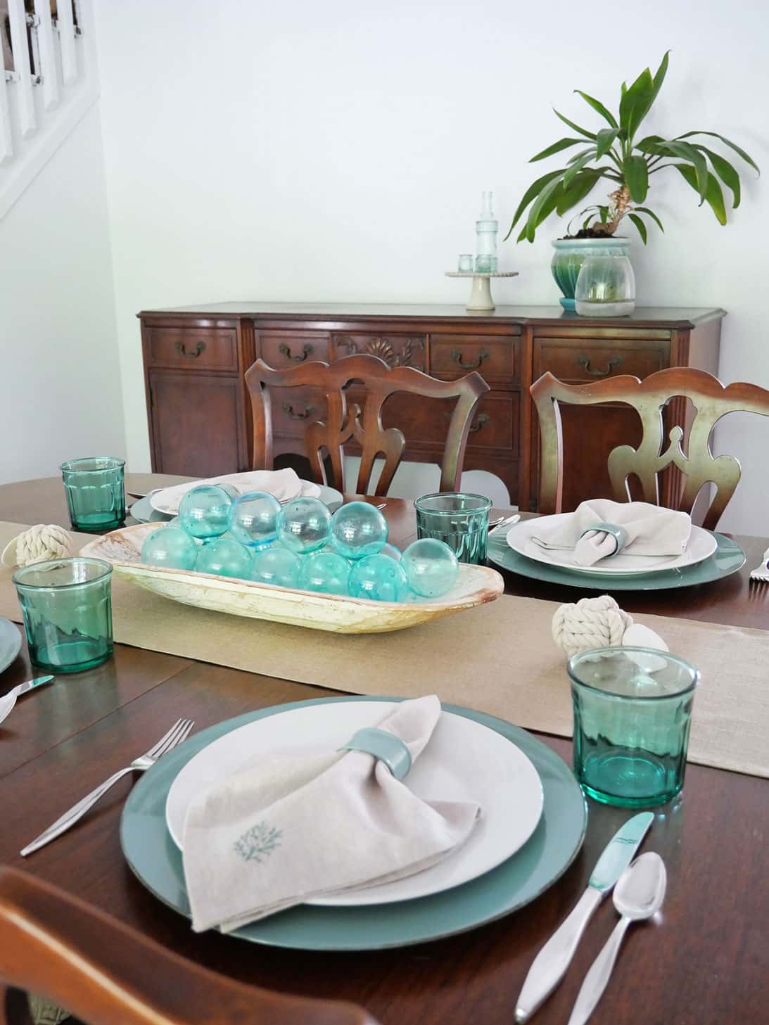 View of buffet table from coastal grandmother table setting