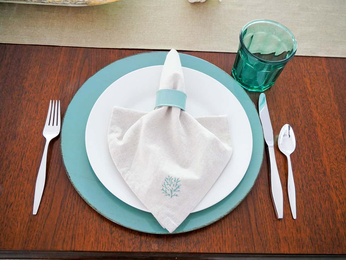 Completed place setting on coastal grandmother table setting