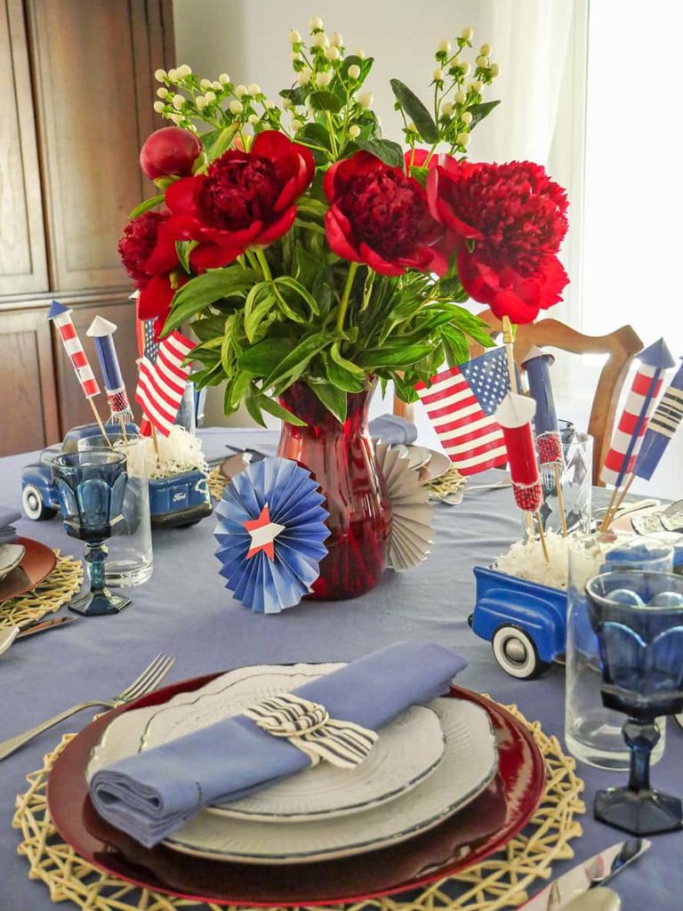 Angled view of July 4th tablescape