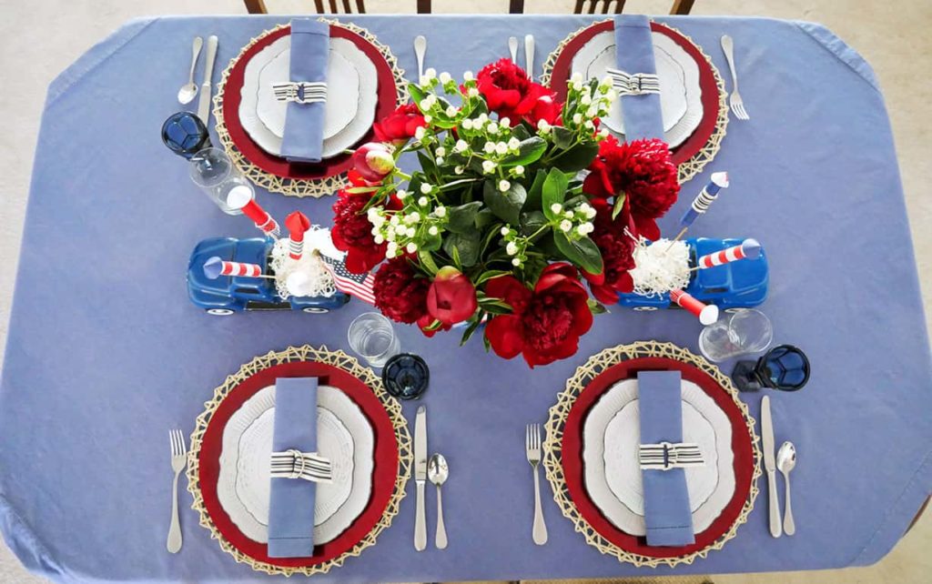 Overhead view of festive 4th of July table setting