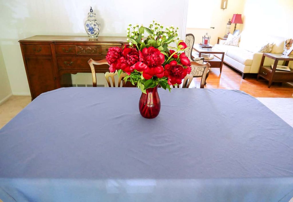 Red vase on blue tablecloth