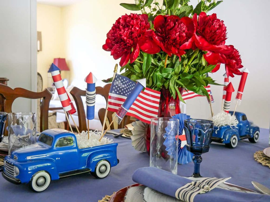 Angled view of 4th of July table setting