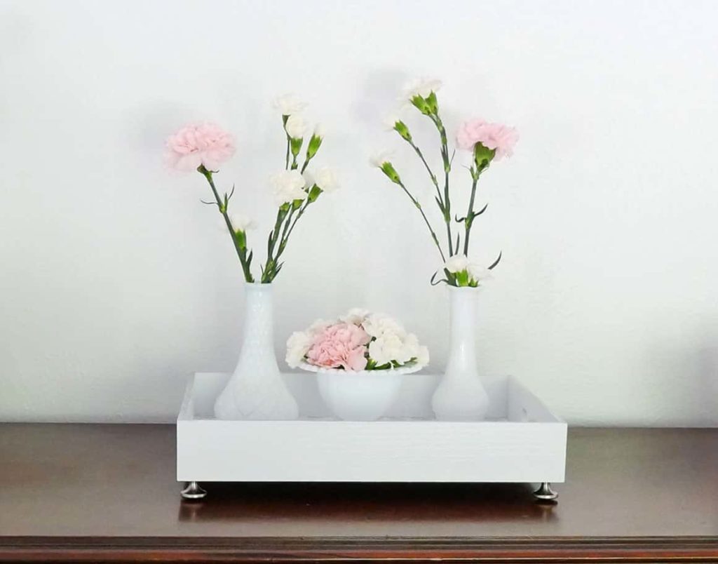DIY tray on table with flowers