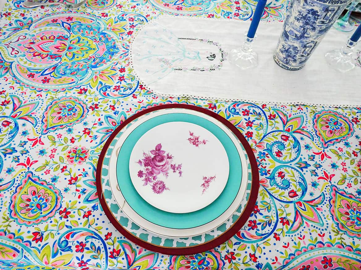cute Grandmillenial table setting with pink and white plate