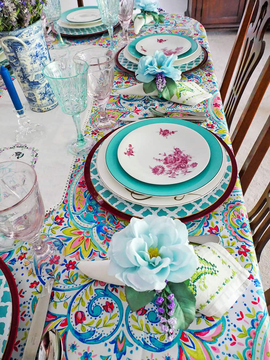 View of two place setting on Grandmillennial table