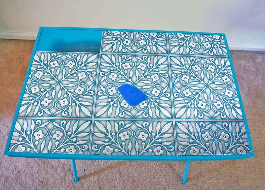Decals being added to Simple TV Tray Table Upcycle DIY