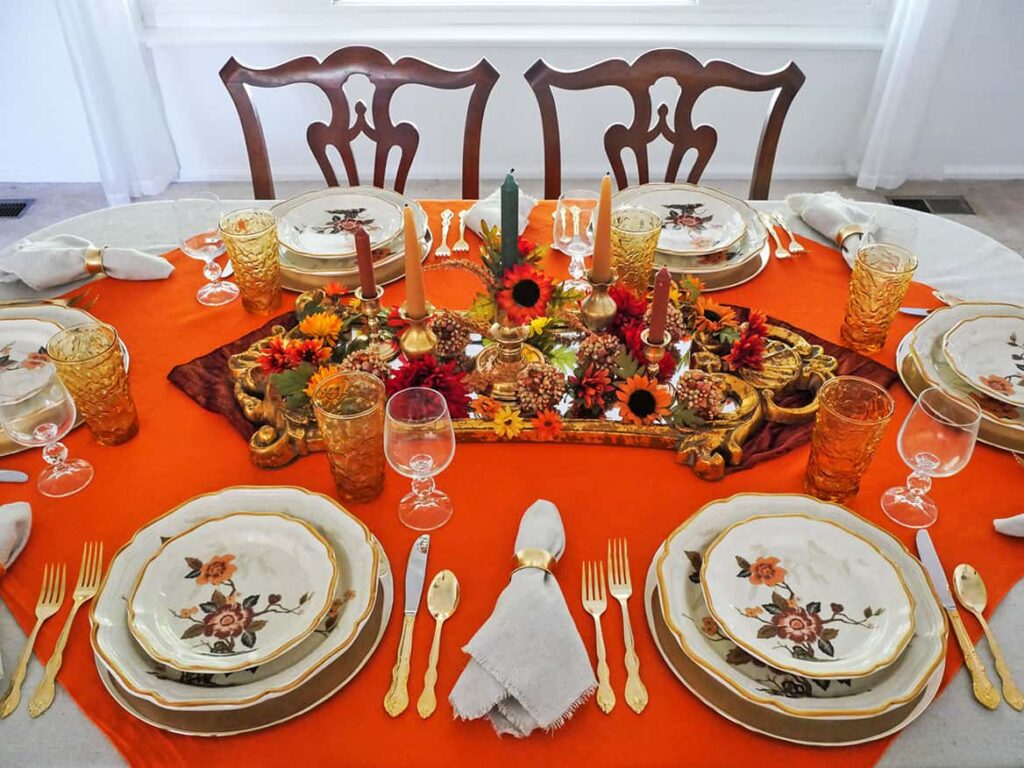 Side view of 1970s vintage Fall tablescape