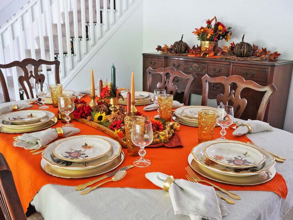 View of buffet table from the edge of the Fall tablescape