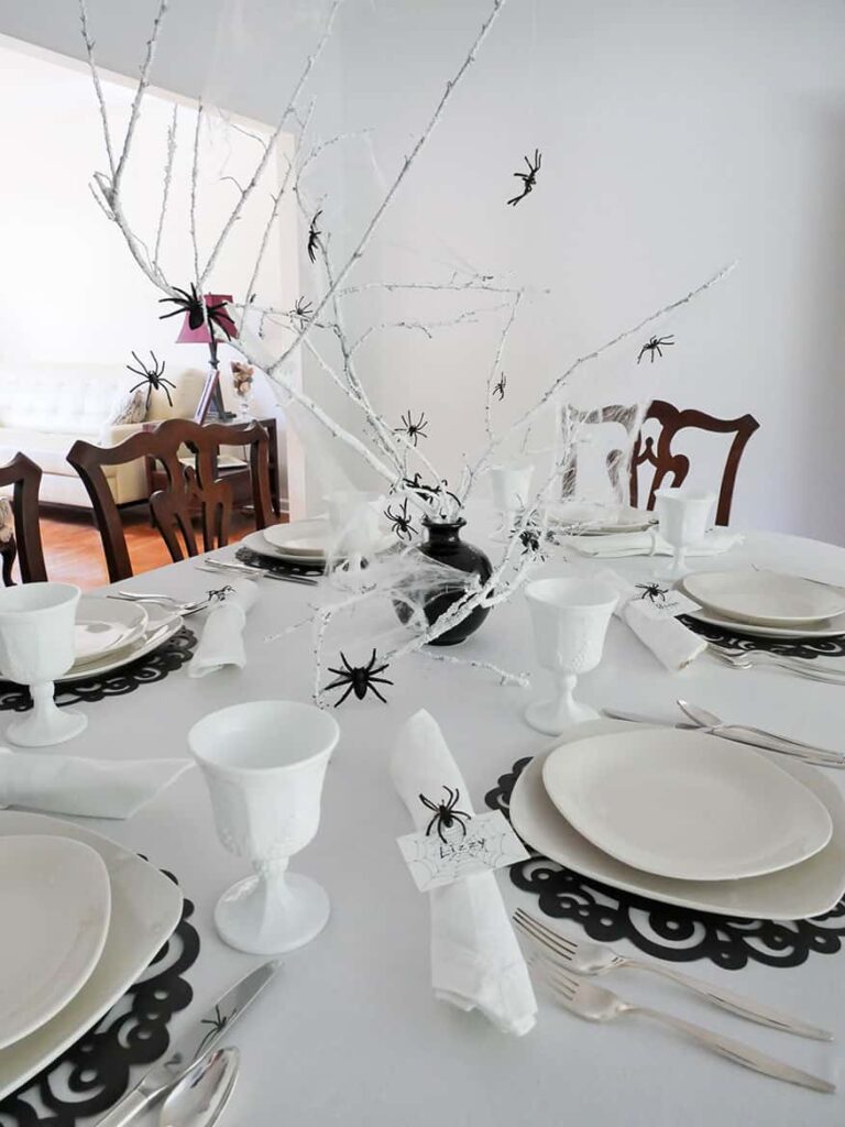 Angled view of Spider Halloween table setting