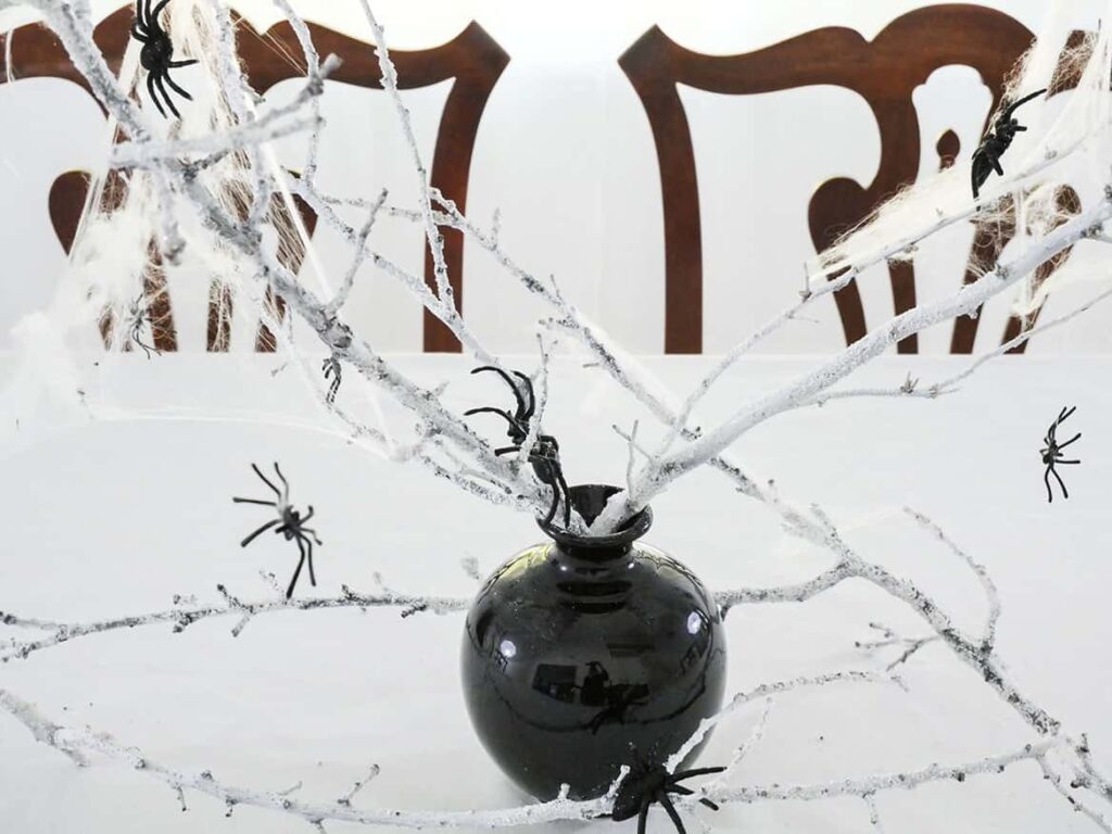 Close up of spiders on the diy Halloween centerpiece