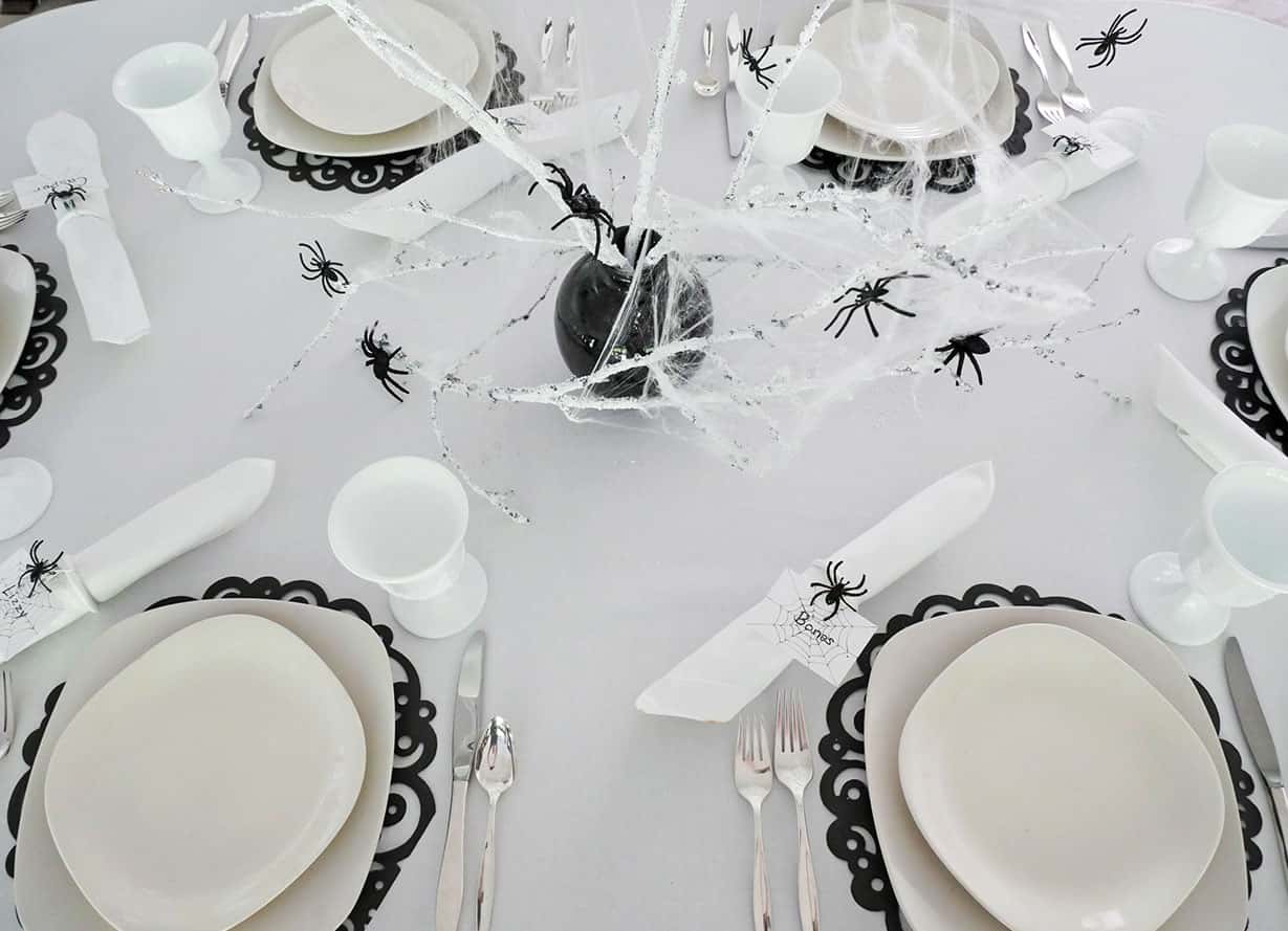 Spider Halloween table setting from above