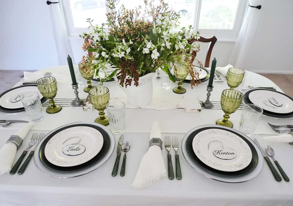 Green candles added to farmhouse centerpiece
