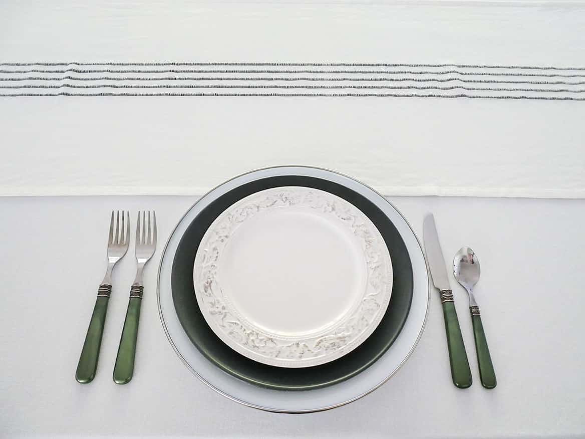 Silver added to French farmhouse Friendsgiving tablescape