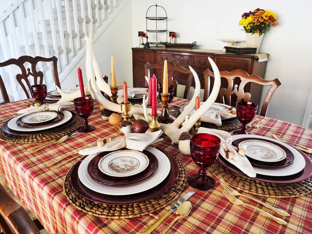 View of buffet from rustic Thanksgiving tablescape.