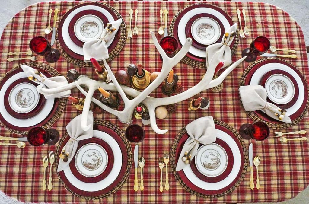 Overhead view of rustic Thanksgiving tablescape