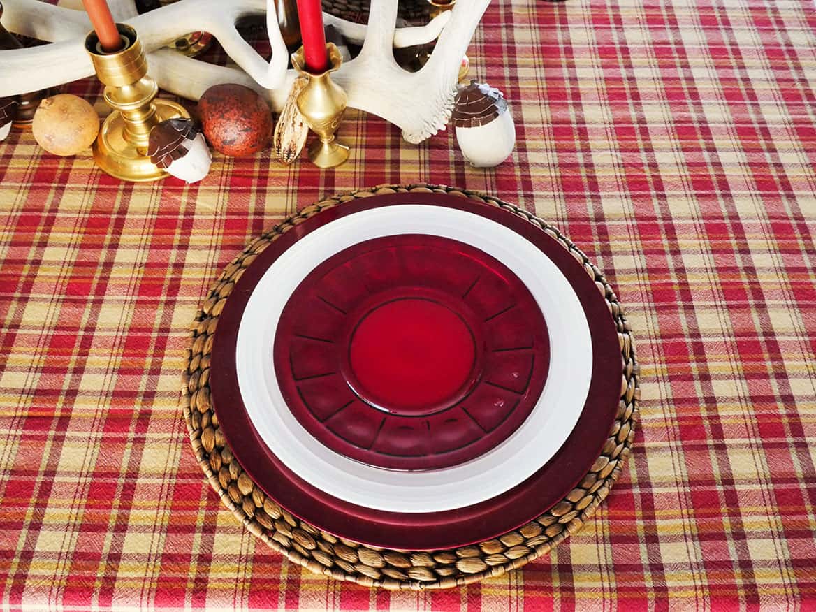 Red salad plate on Rustic Thanksgiving tablescape