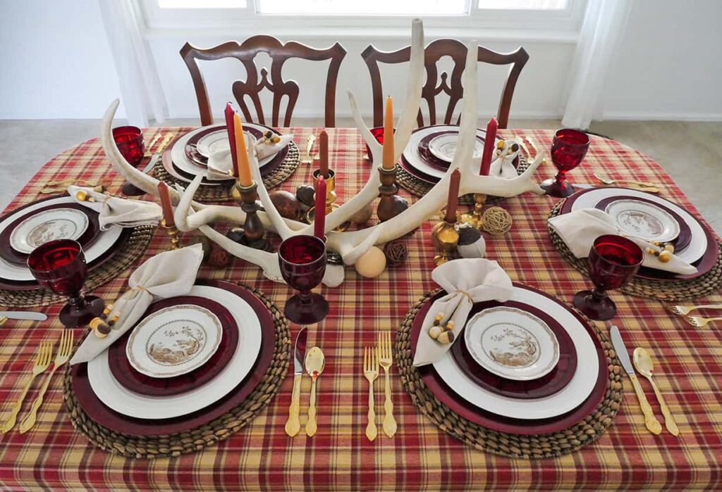 Side view of rustic Thanksgiving tablescape