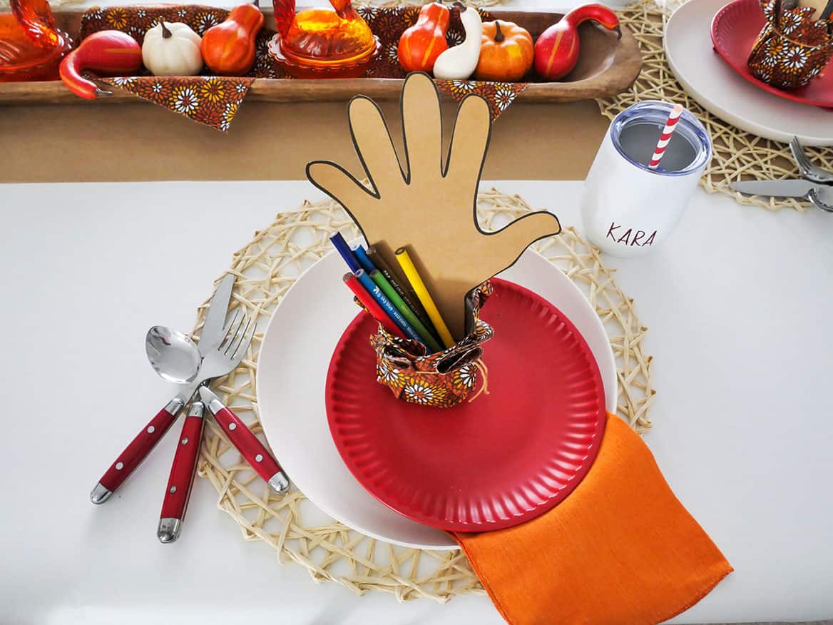 Completed place setting on kids Thanksgiving Day table
