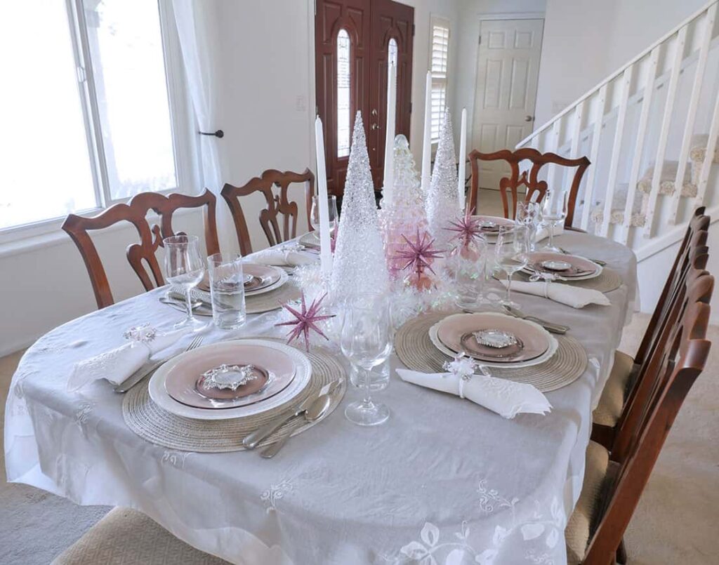 Different angled view of the pretty Christmas table setting