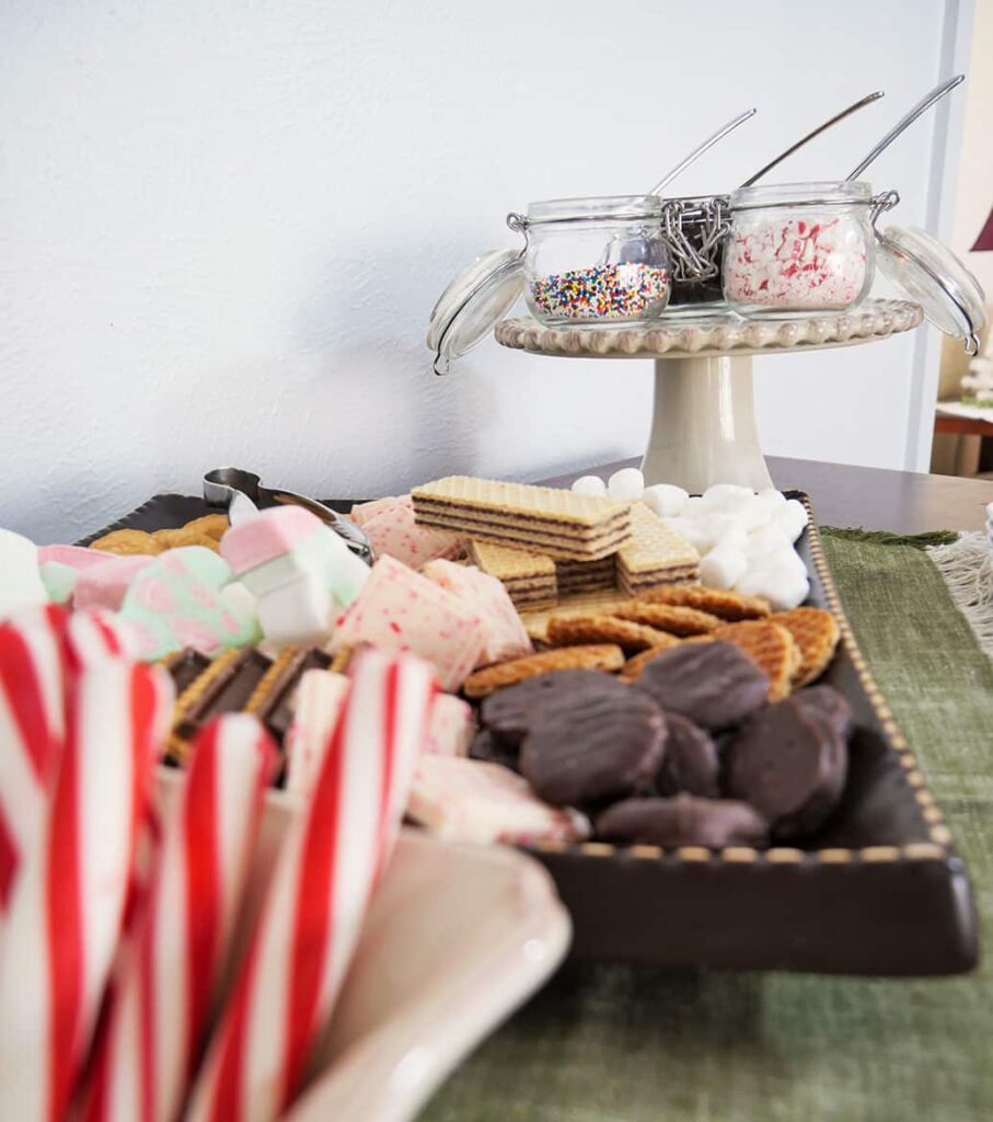 Simple hot cocoa station view of peppermint sticks