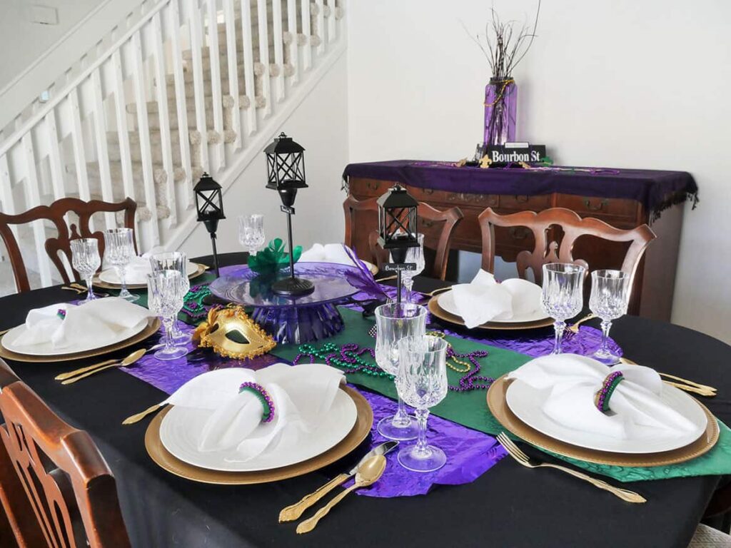 View of buffet table from Budget Mardi Gras Tablescape