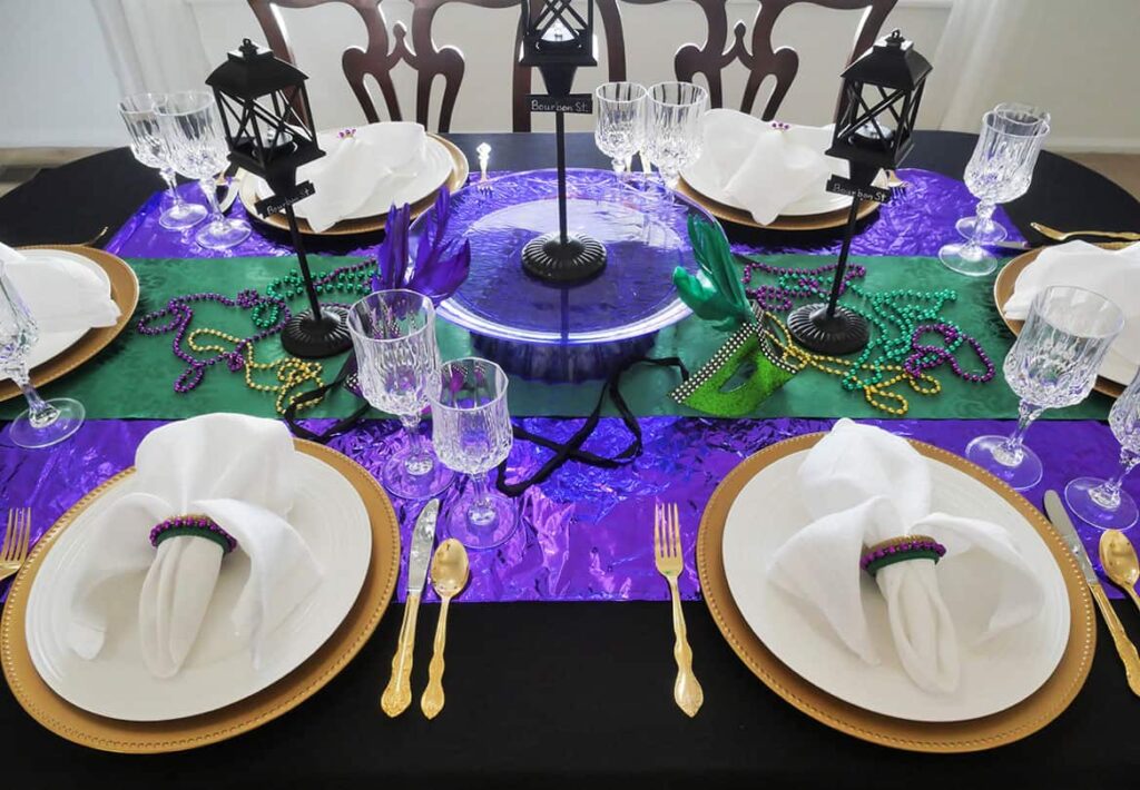 Side view of budget Mardi Gras tablescape