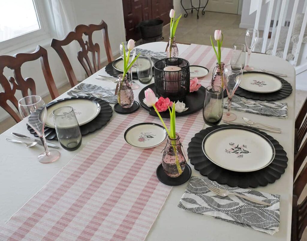 Angled view of Galentine's Day table setting