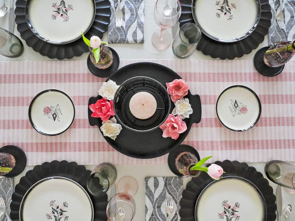 Galentine's Day table setting overhead close up