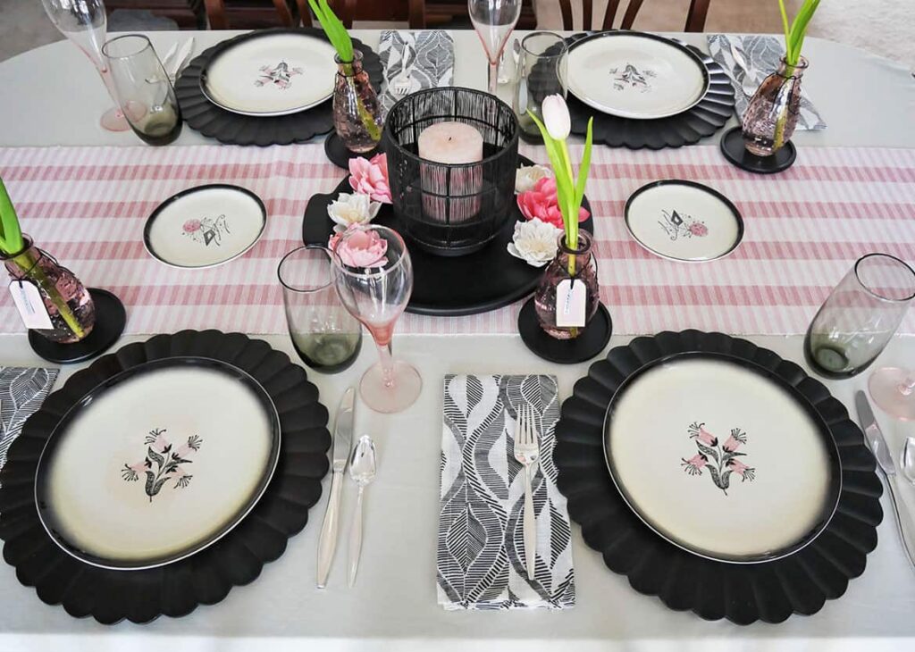 Completed pretty Galentine's Day table setting