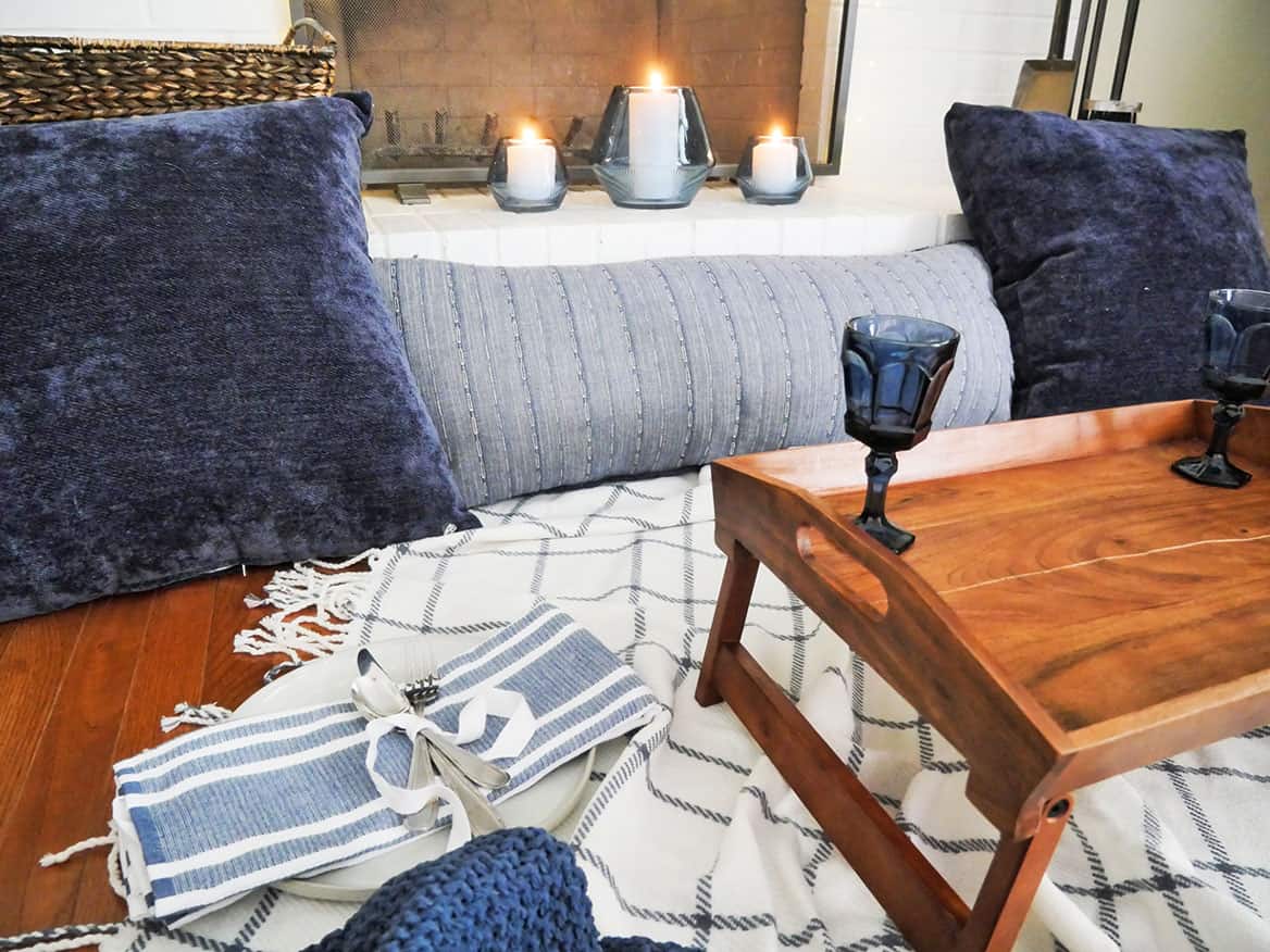 Easy cozy table setting for two at home using blue and white