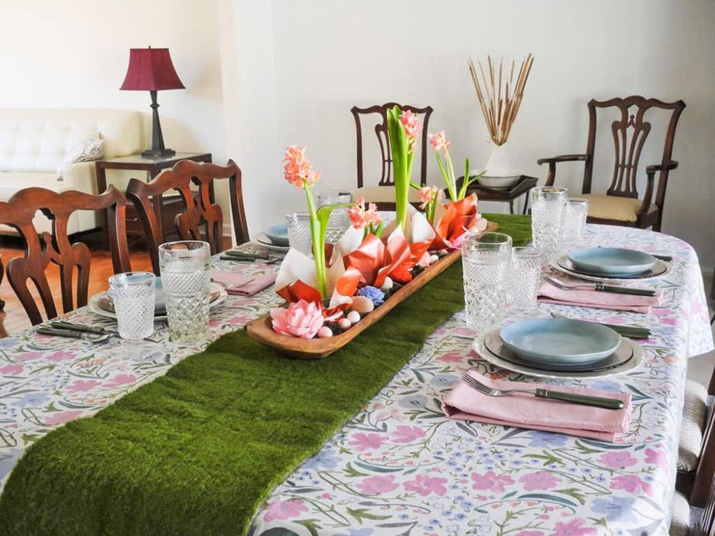 Long view of easy pretty Easter tablescape