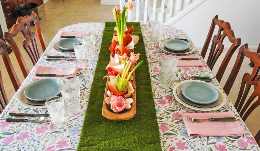 View of easy pretty Easter tablescape from head of the table