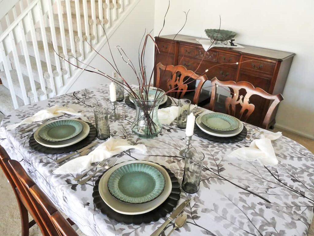 Angled view of thrifted tablescape