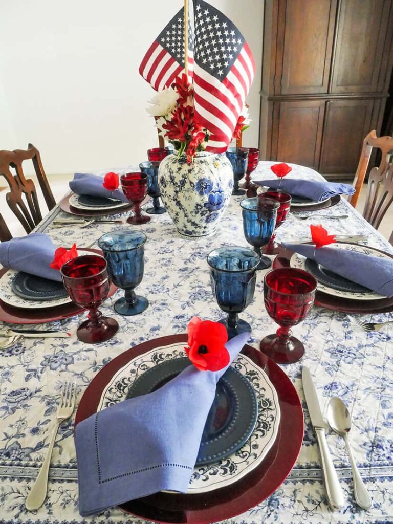View of simple Memorial Day tablescape from head of table