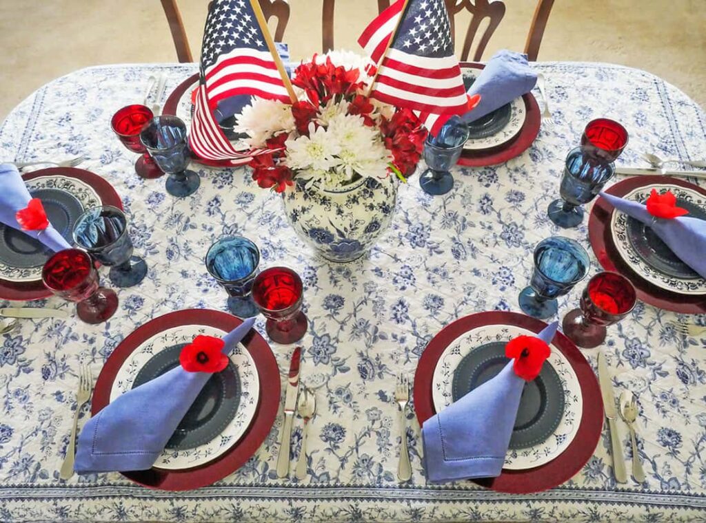 Overhead view of final simple Memorial Day tablescape