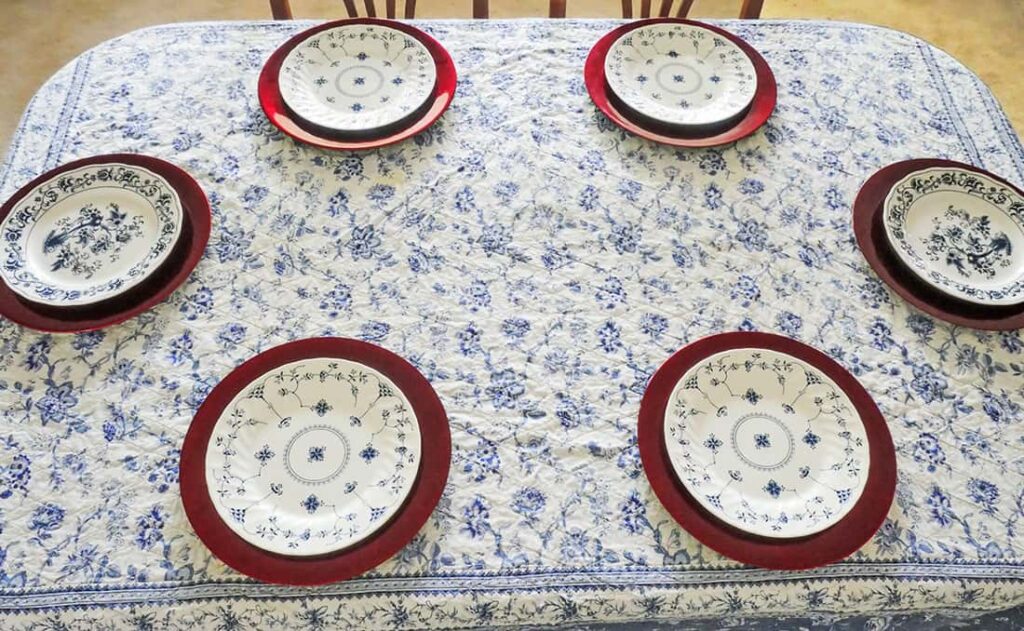 Simple Memorial Day Tablescape with blue and white plates