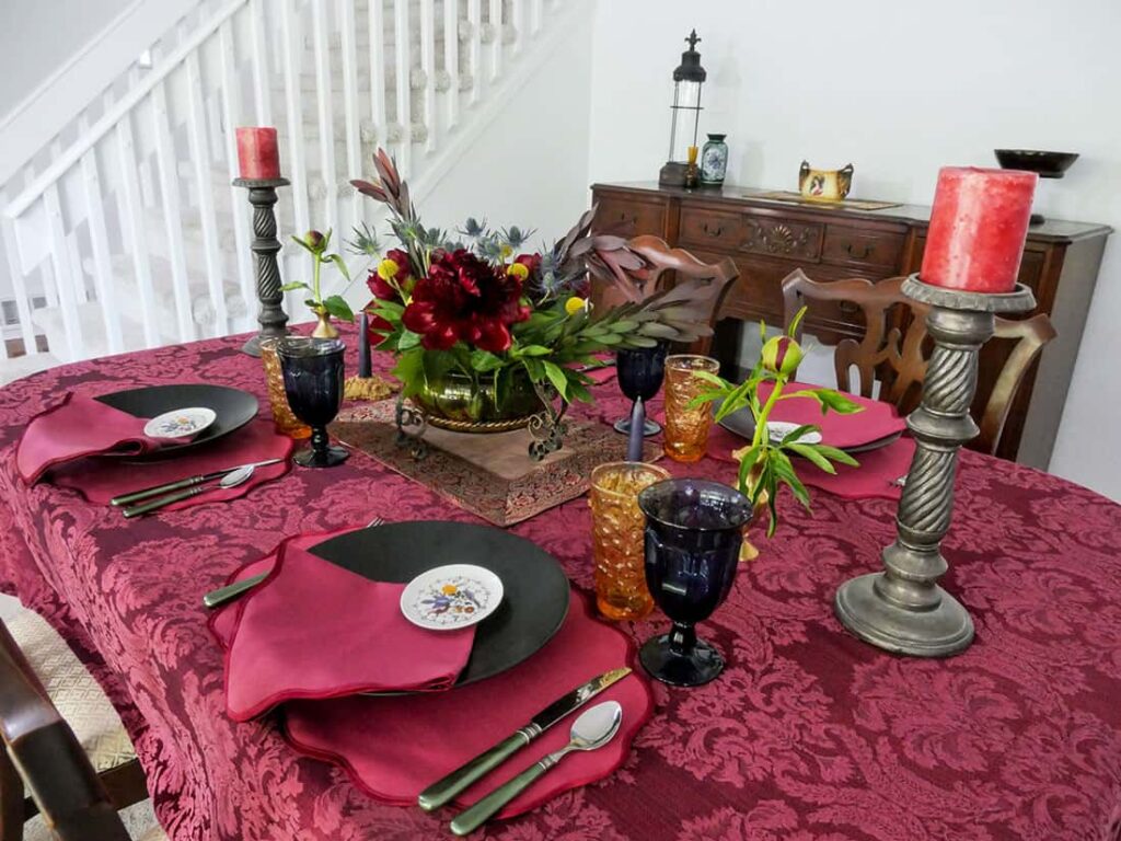 Angled view of Father's Day table setting moody maximalism theme