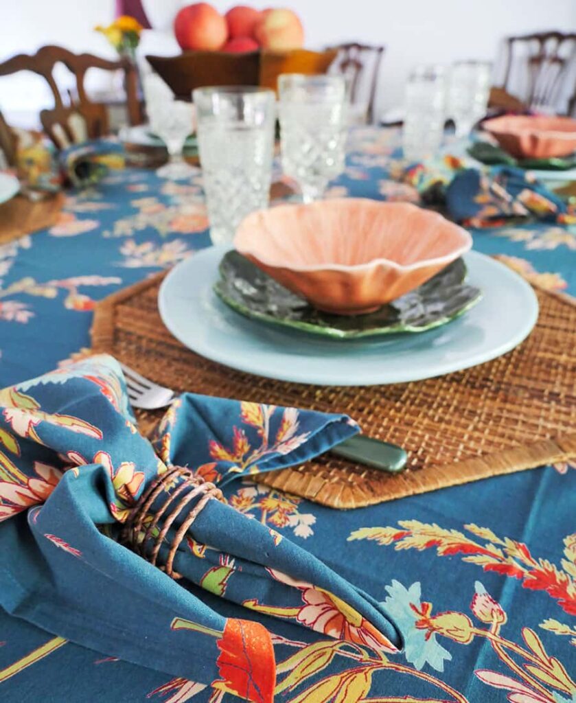 Angled view of floral tablescape