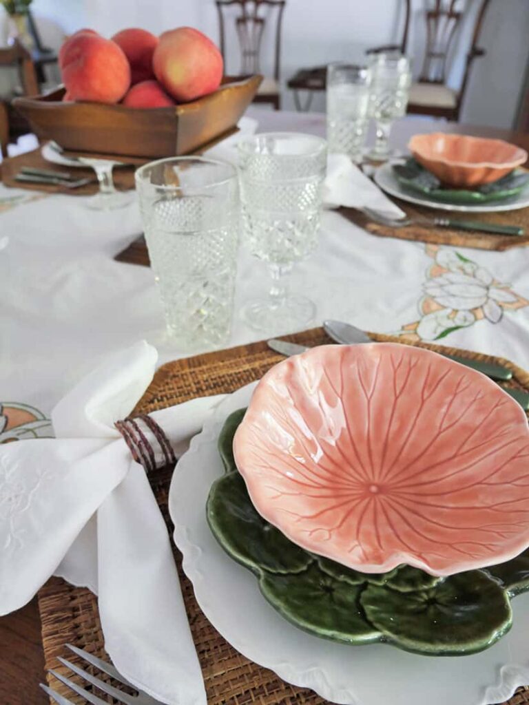 Angled view of white tablescape
