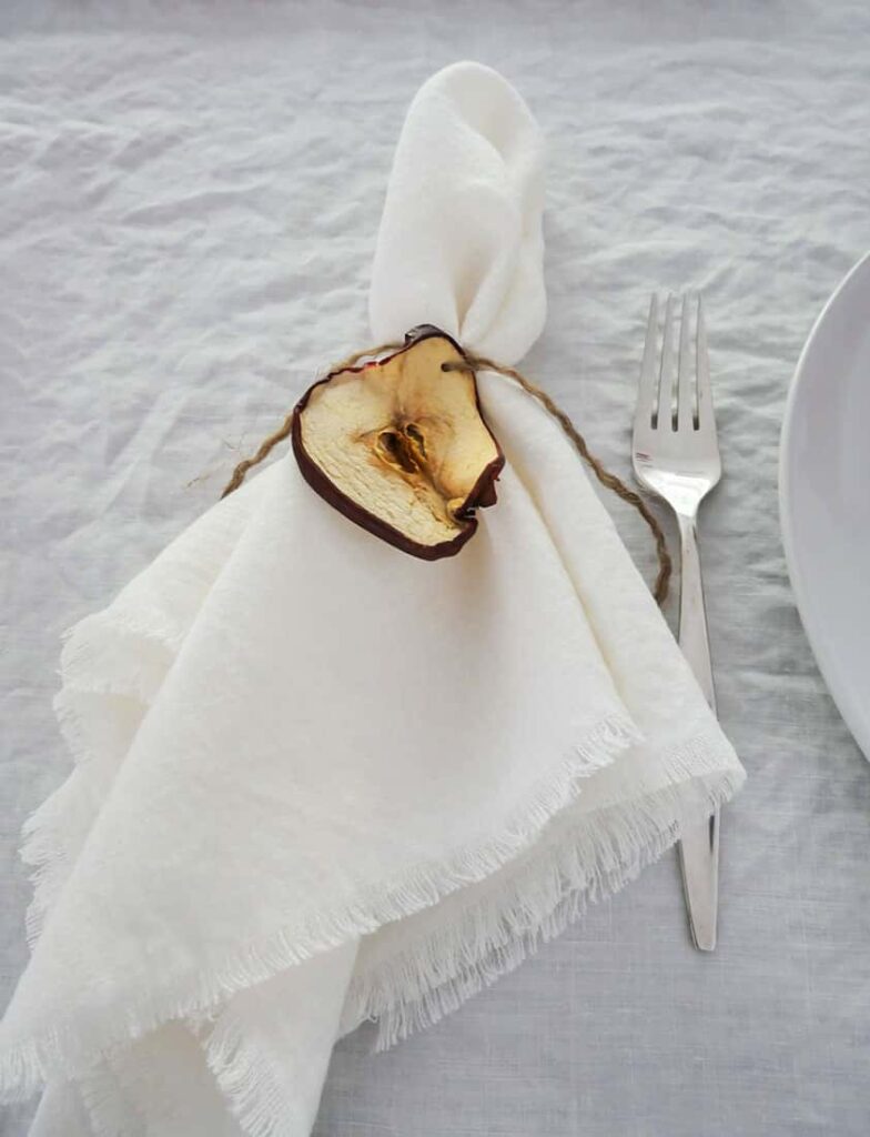 Close up of dried apple napkin rings.