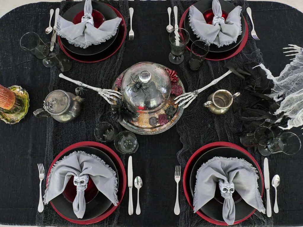 Overhead view of Halloween table setting.