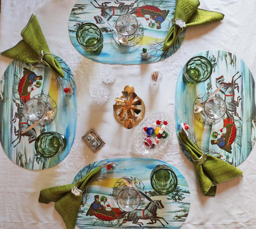 Overhead view of a vintage Christmas tablescape.
